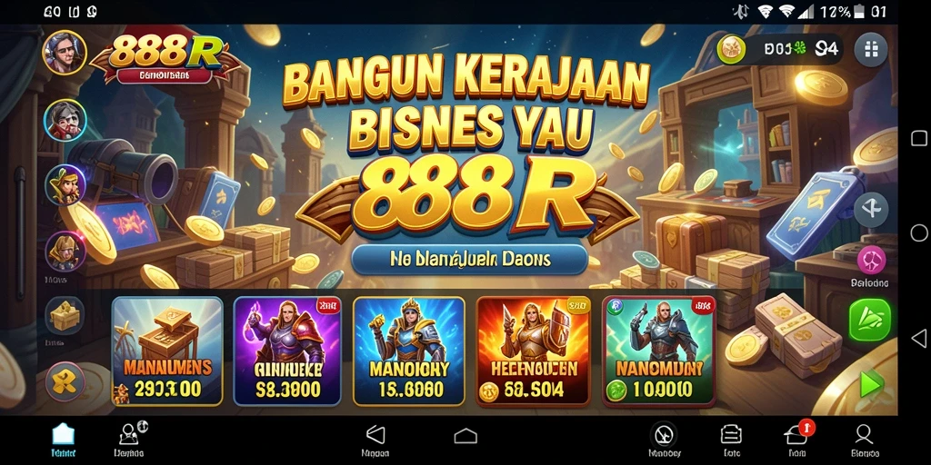 Tangkapan layar utama <strong>888R</strong> menampilkan gameplay membangun kerajaan bisnis.