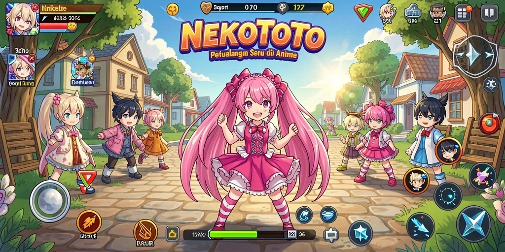 Tampilan gameplay <strong>NEKOTOTO</strong> yang penuh warna dan dinamis.